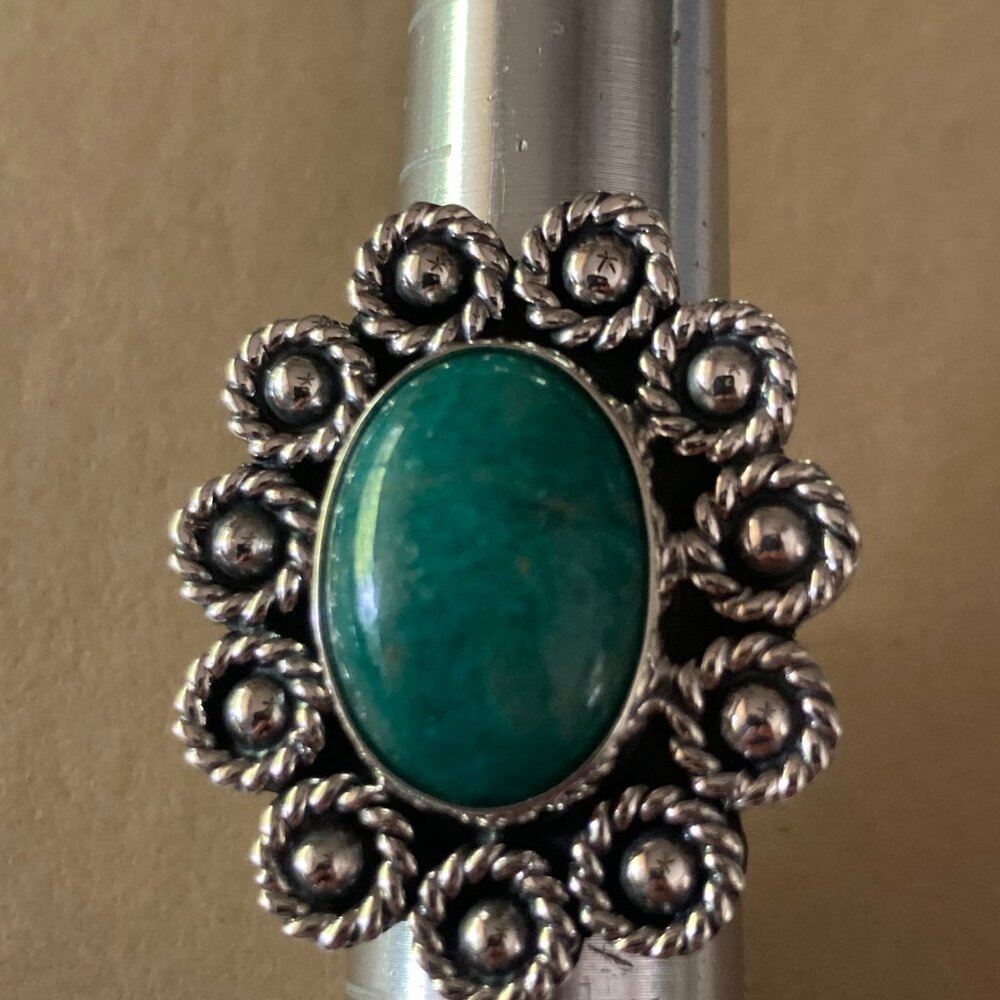 Taxco amazonite ring in filigreed sterling silver ring